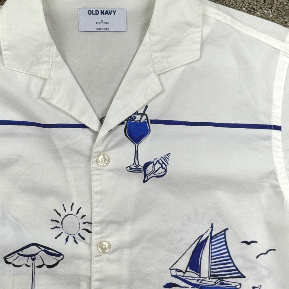 Old Navy Button Down Shirt Womens S White Blue Nautical Beach Club Summer Camp
